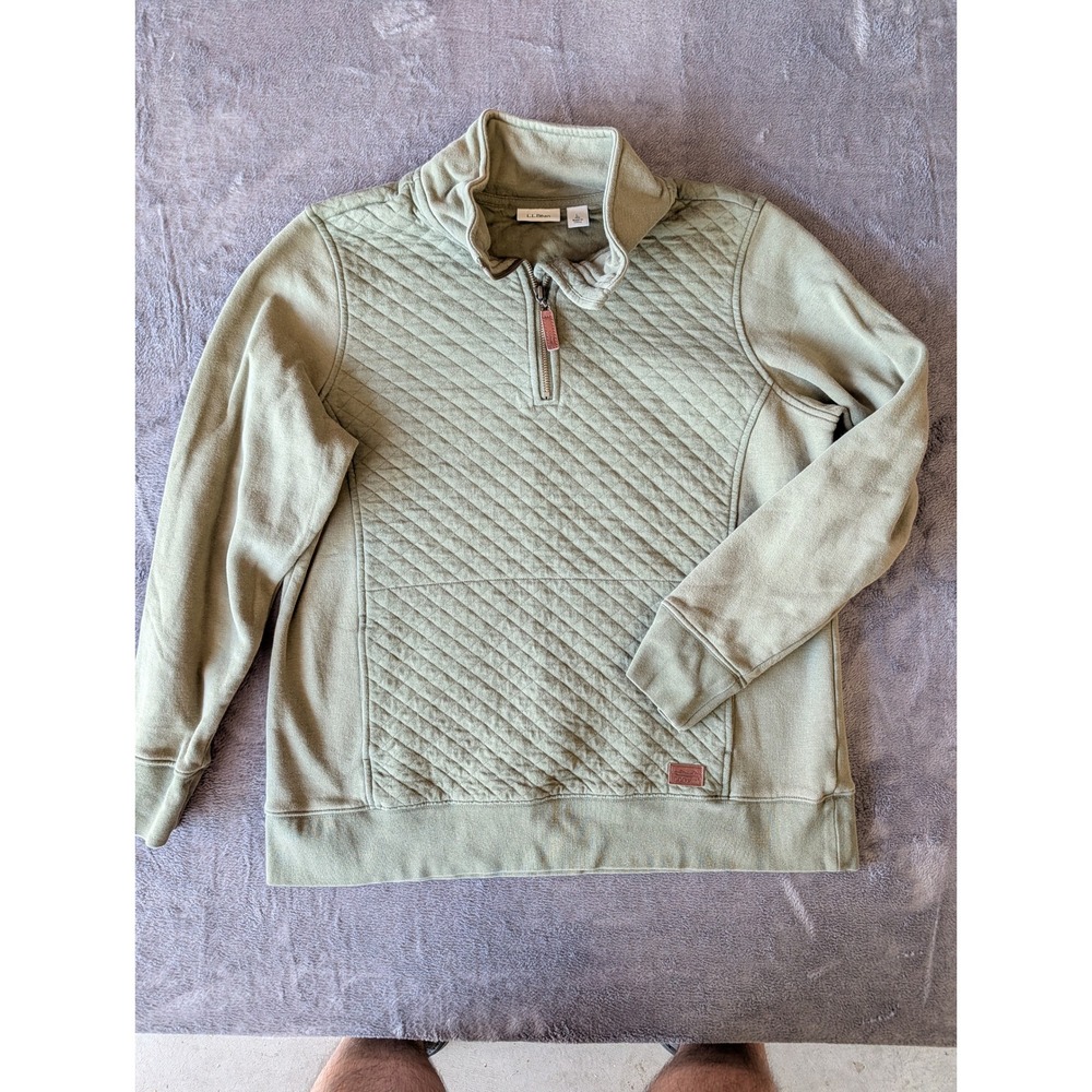 LL Bean Mens Quilted Quarter Zip Pullover Sage Green Fleece Lined Sweatshirt L